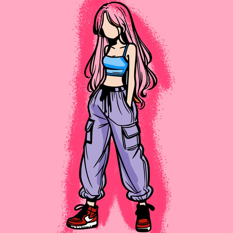 girl in baggy pants crop top and long hair