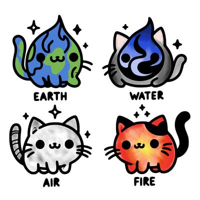 4 cats that represent the different elements, earth, water, air, and fire