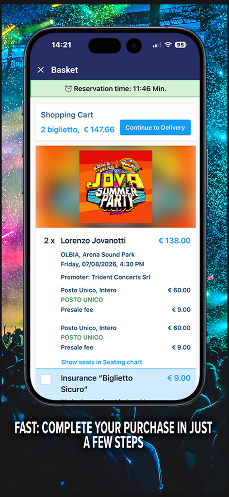 TicketOneアプリのショッピングバスケットに、Lorenzo Jovanottiのコンサートチケットと予約タイマーが表示されています