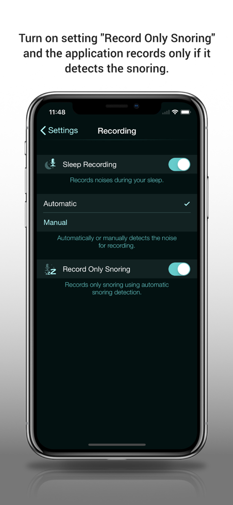 Sleep Recorder Plus Pro - Sleep Recorder Plus Pro app interface showing the record only snoring setting toggle on an iPhone
