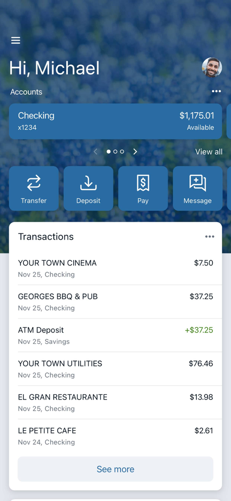 TX Community Bank - TX Community Bank mobile app dashboard showing checking account balance and recent transactions