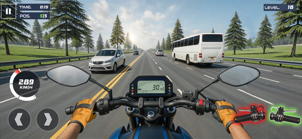 Rider 3D Racing Bike Games - A first-person perspective of a motorcycle rider racing at high speed on a sunny highway with traffic in Rider 3D