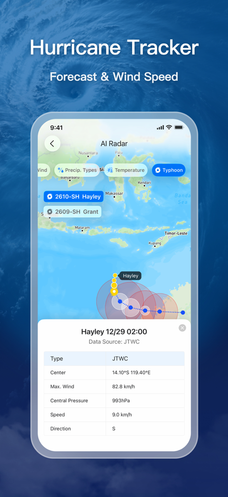 Interfaz de la aplicación MojiWeather que muestra el rastreador de huracanes con la trayectoria de la tormenta en un mapa y datos detallados de la velocidad del viento