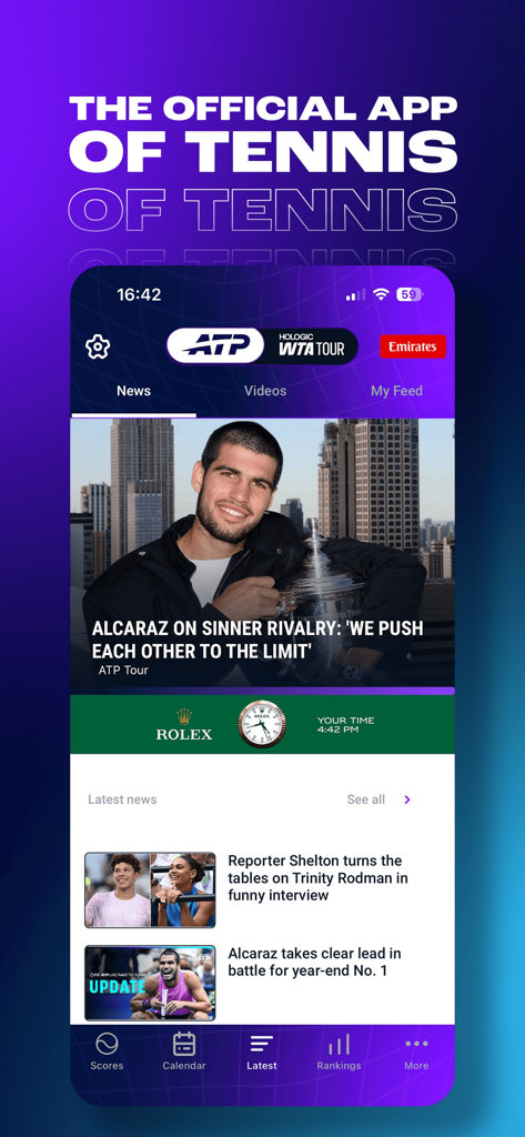 Offizieller ATP WTA Live Tennis-App-Nachrichtenfeed mit Carlos Alcaraz und den neuesten Turnier-Updates