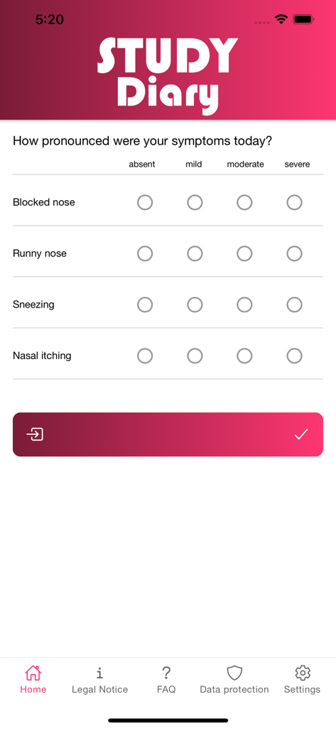 CCC STUDY Diary - 臨床試験参加者が鼻症状と重症度を追跡するためのCCC STUDY Diaryアプリの日次症状記録画面。