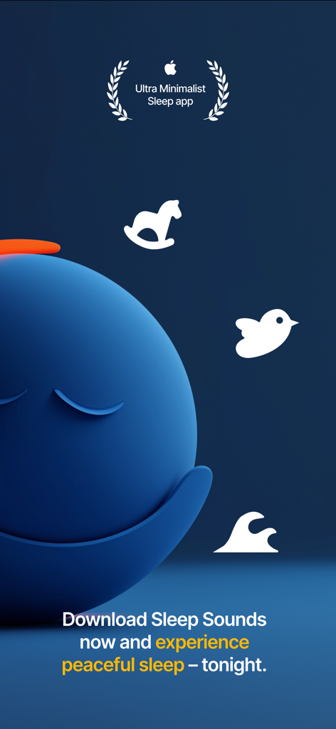 Grafica promozionale per un'app di sonno minimalista con un personaggio calmo blu e icone bianche per ninne nanne, natura e onde