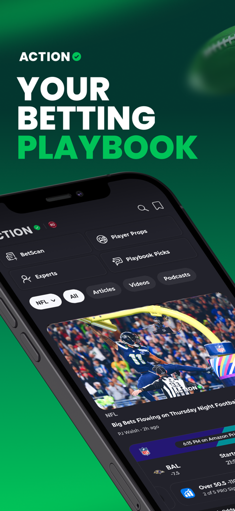 NFLのニュースとベッティングオッズを表示しているスマートフォンのAction Networkスポーツベッティングアプリのインターフェース