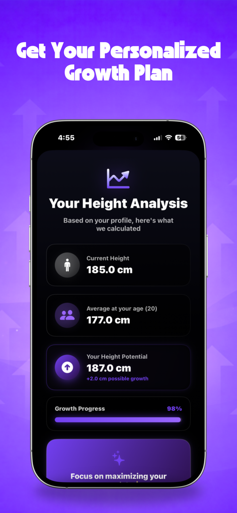 Altoller app height analysis screen showing current height and growth potential