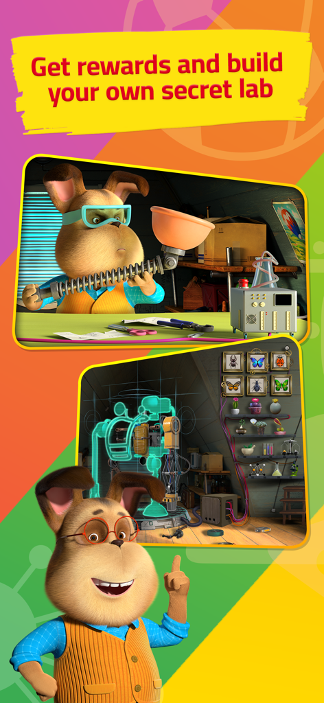 Math Learning game for kids 1C - Eine Cartoon-Hundefigur, die in einer Mathe-Lern-App für Kinder ein geheimes Labor baut