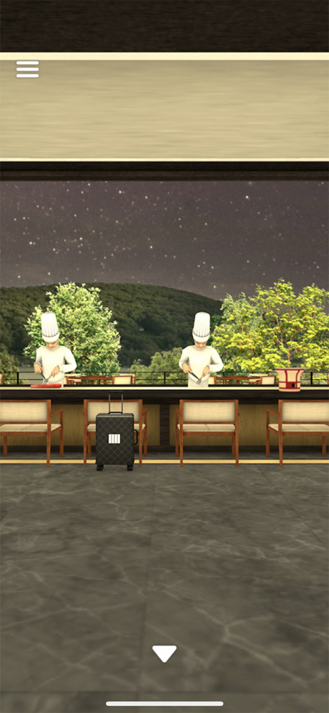 Escape Game: The Lake View - A cozy hotel restaurant at night with a scenic view of the starry sky and mountains