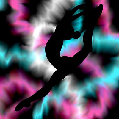 gymnast doing a leap in a leotard with a bent back leg