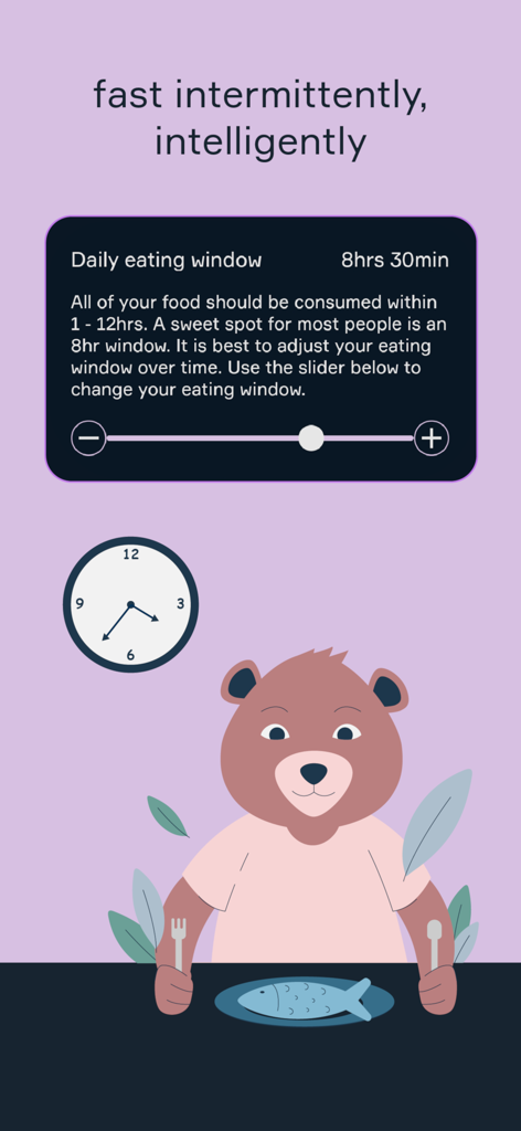 Circadian: Your Natural Rhythm - Interface of the Circadian app showing a daily eating window slider for intermittent fasting with a bear illustration.