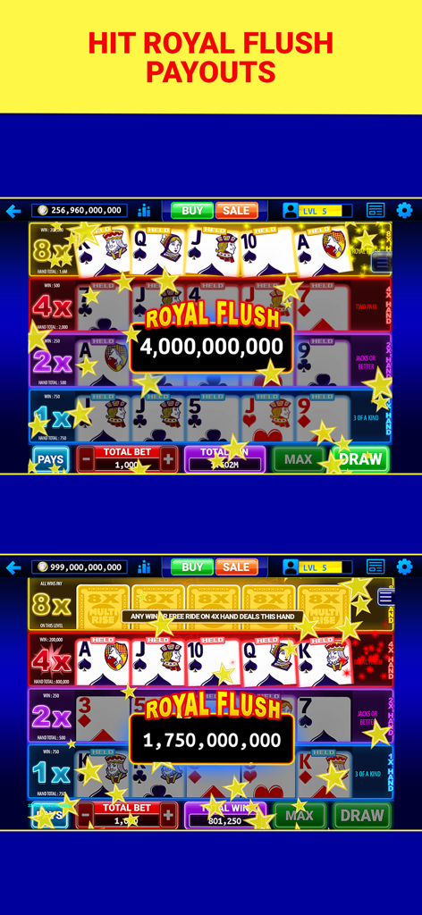 Multi-Play Video Poker ™ - Gameplay de Multi-Play Video Poker présentant une Quinte Flush Royale gagnante avec des multiplicateurs Multi-Rise