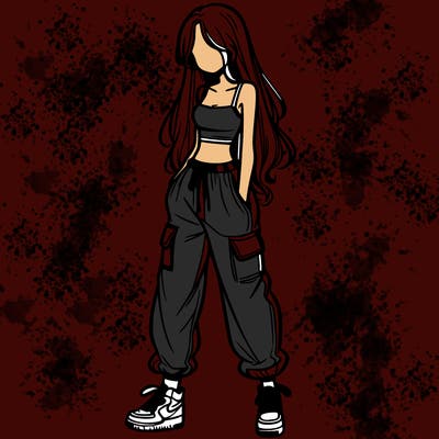 girl in baggy pants crop top and long hair