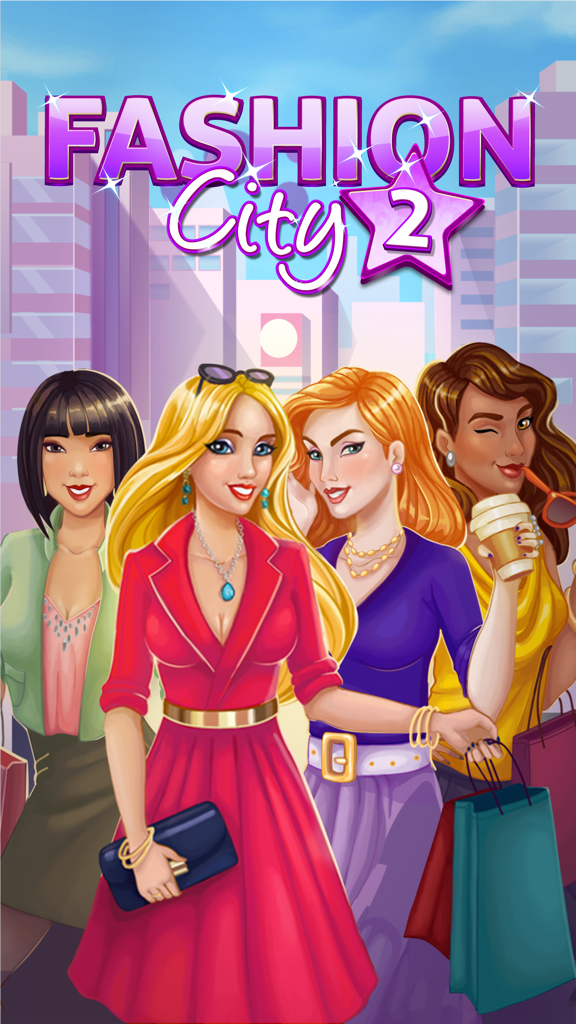 Quattro giovani donne alla moda in posa in un ambiente cittadino per il gioco mobile Fashion City 2.