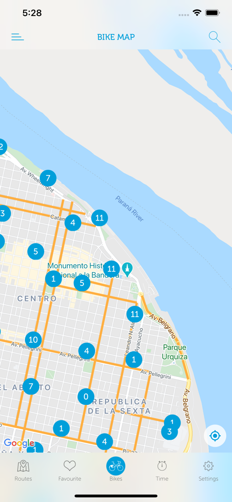 Mi bici tu bici - Screen showing the bike map in Rosario with station availability icons
