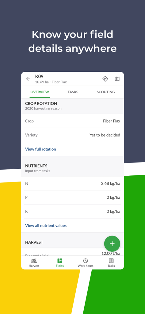 Interface mobile de l'application eAgronom affichant les détails du champ pour la rotation des cultures et les niveaux de nutriments