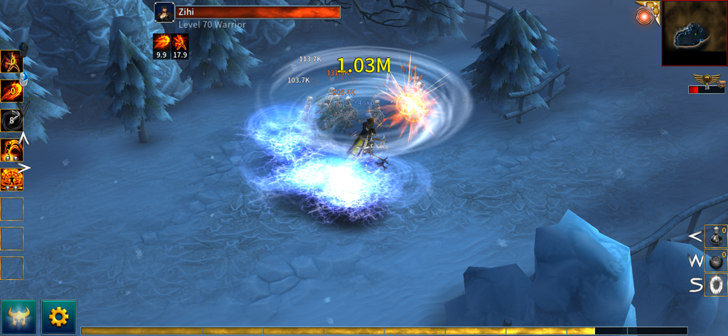 Eternium - アクションRPG『Eternium』の雪景色の中で、レベル70の戦士キャラクターが旋風と稲妻の攻撃を実行