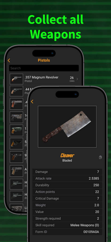 Mobile app screens showing a list of pistols and detailed weapon statistics for Fallout 4 and Fallout 76.