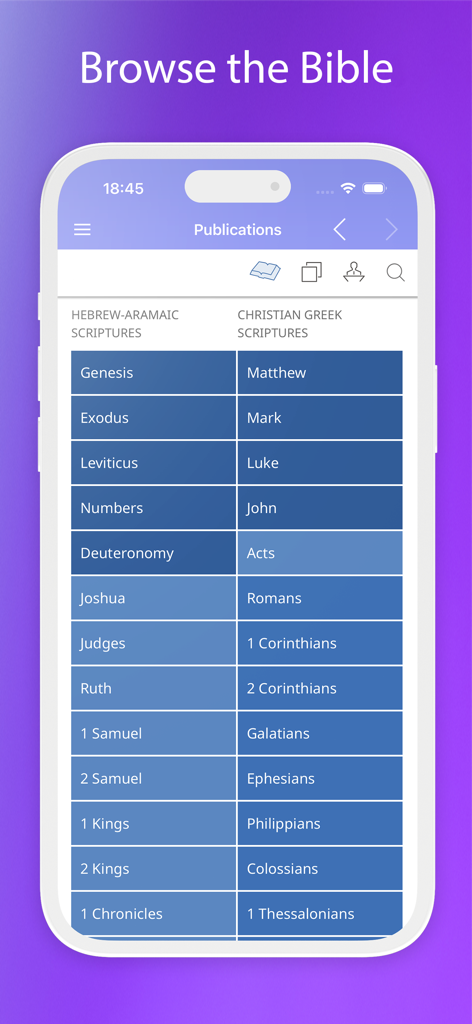 Library Online 2026 - Library Online 2026 app interface displaying a list of Bible books categorized by Hebrew-Aramaic and Christian Greek Scriptures