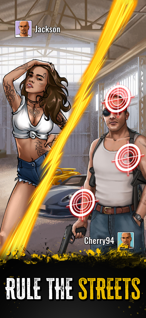 The Gang: Street Wars - Two characters facing off in a street war duel with Rule the Streets text.