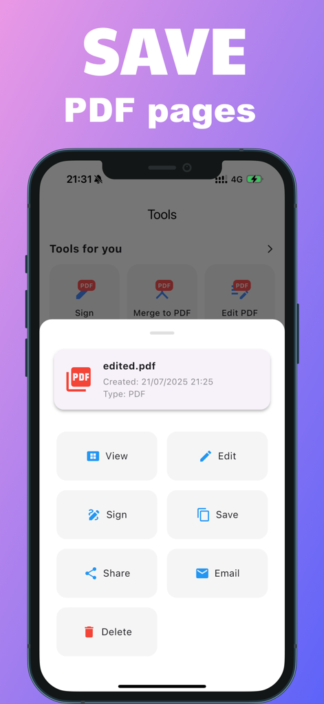 PDF Editor - Edit, Sign, Read - 編集されたファイル（署名、保存、共有を含む）のオプションメニューが表示されたスマートフォン画面。