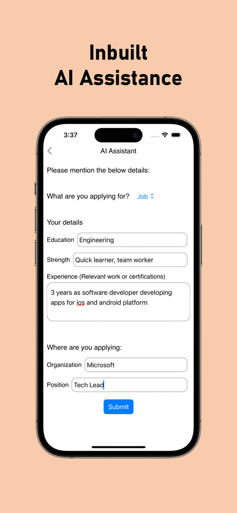 Cover Letter Creator with AI - Screenshot dell'interfaccia dell'Assistente IA nell'app Cover Letter Creator con campi di input utente per l'istruzione e l'esperienza lavorativa