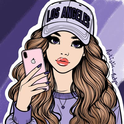 realistic beautiful girl wearing los ángeles cap holding an iphone