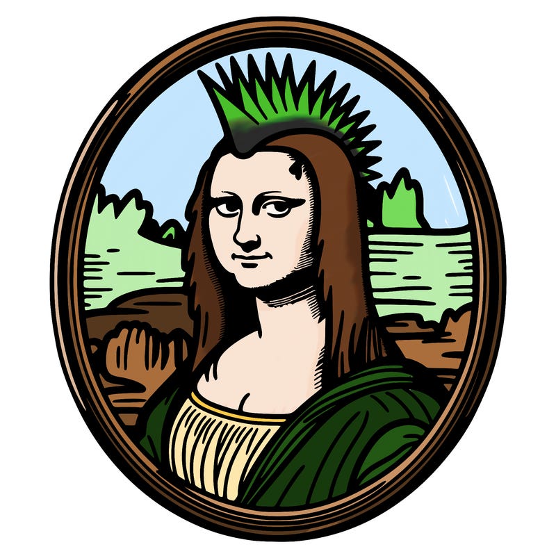 leonardo da vinci's "mona lisa" with punk hairstyle, realistic, thin borders
