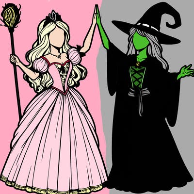 detailed realistic split of a princess and a witch