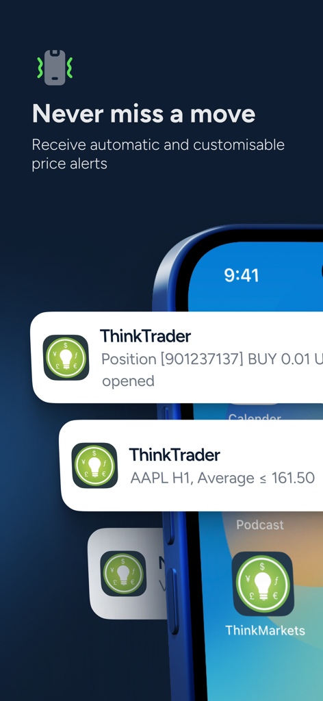 ThinkTrader - ThinkTraderアプリのスマートフォン通知に、価格アラートと取引ポジションが表示されています