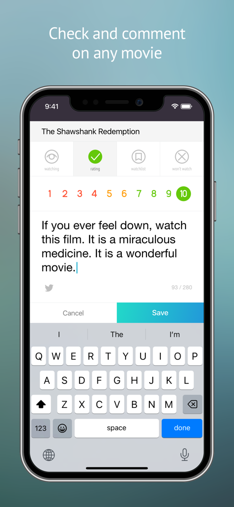 Kinorium: All movies and shows - Schermata dell'app Kinorium che mostra una scala di valutazione e un campo di immissione per la recensione del film Le Ali della Libertà.