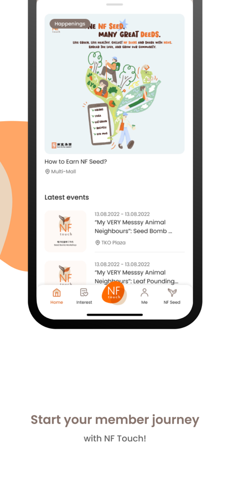NF Touch - NF Touch app interface showing the happenings section with events and the NF Seed sustainability program.