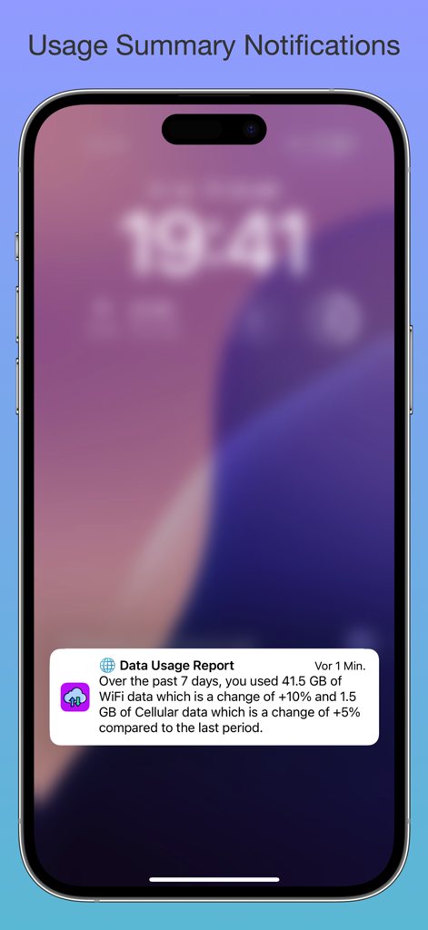 Network Usage Monitor - An iPhone lock screen showing a weekly data usage report notification from the Network Usage Monitor app.