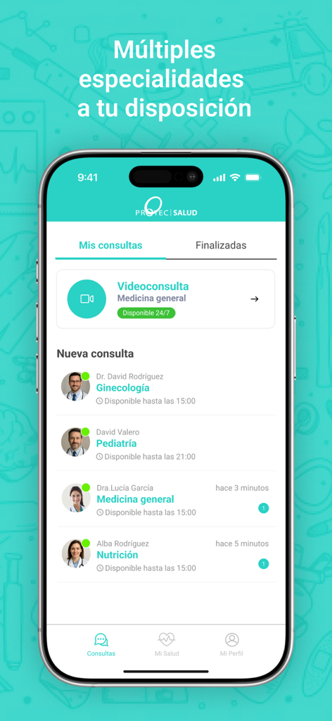 PROTEC SALUD - Interface de l'application PROTEC SALUD affichant une liste de spécialistes médicaux disponibles pour des consultations vidéo.