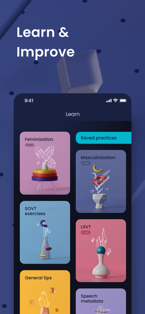 Interface showing voice training lessons for feminization and masculinization in the Voice Whiz app.