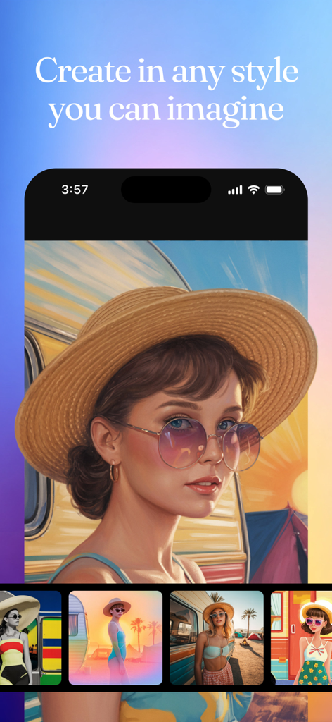 Captura de pantalla de la aplicación Ideogram AI mostrando el retrato de una mujer en varias variaciones de estilo artístico.