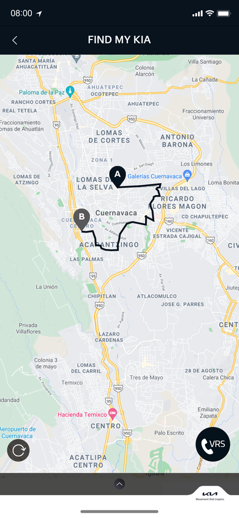 The Find My Kia map interface in the app showing a vehicle route on a city map