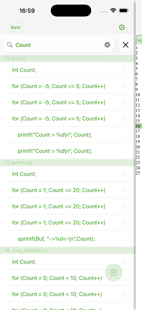 C plus plus IDE search results showing code snippets and variable names for learning and reference.