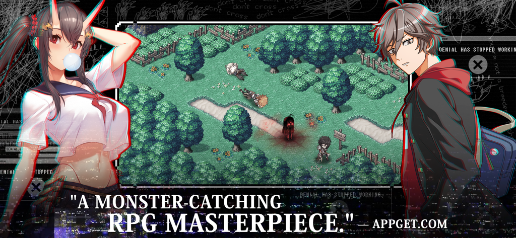 Evertale - Banner promocional de Evertale con personajes de anime y jugabilidad de RPG pixel art con una cita de reseña sobre la captura de monstruos.