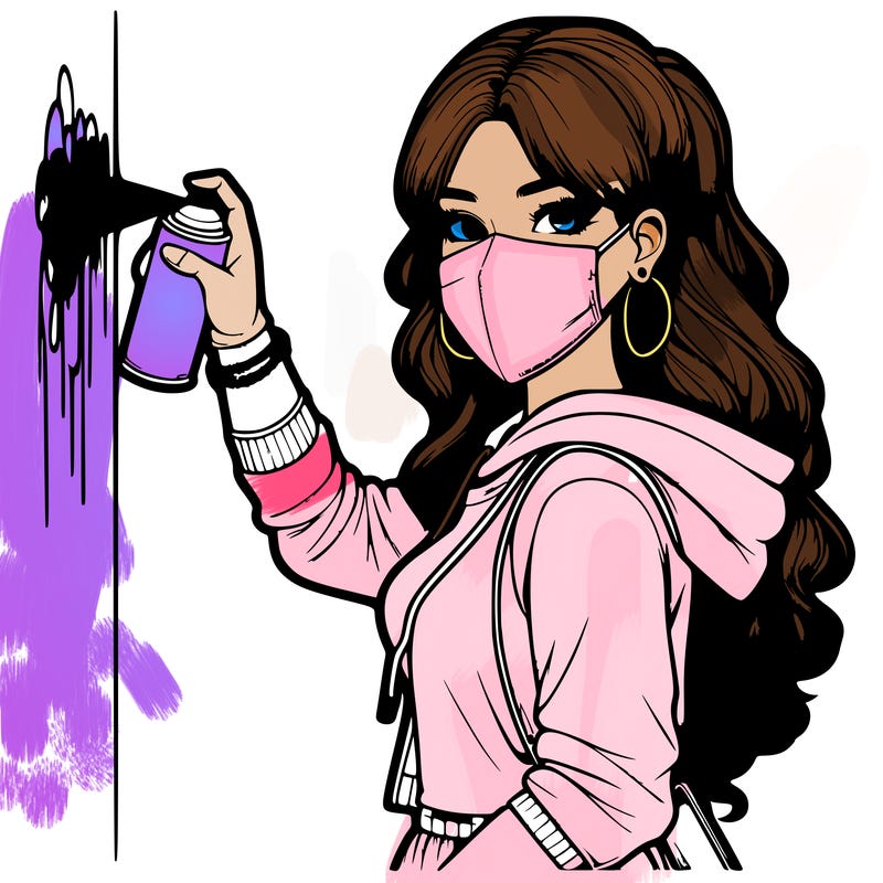 realistic girl with mask spray painting a wall