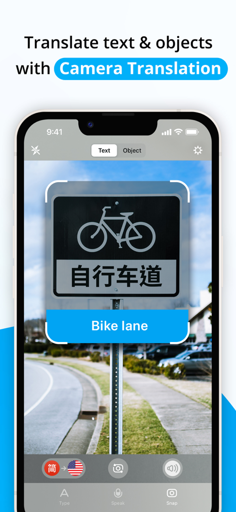 Traducción por cámara de la aplicación Speak and Translate de una señal de calle de chino a inglés