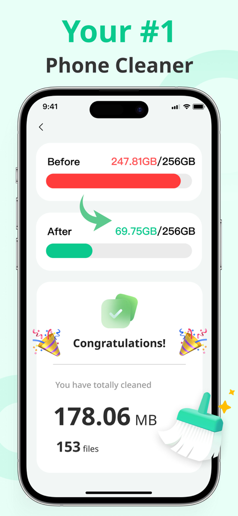 Speed Space: Phone Cleaner - A smartphone screen showing a storage cleanup comparison with red and green bars representing space freed by Speed Space.