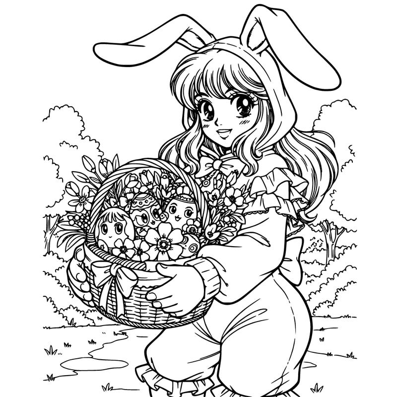 pretty girl in girly and frilly rabbit onesy with floppy bunny ears on the hood, holding a basket with easter eggs and flowers