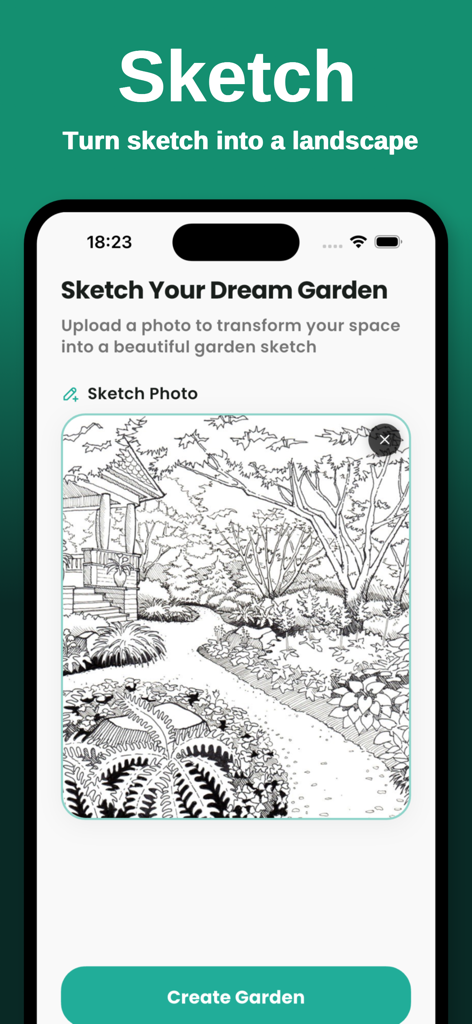 Gardenby AI app interface showing a black and white landscape sketch for garden design transformation