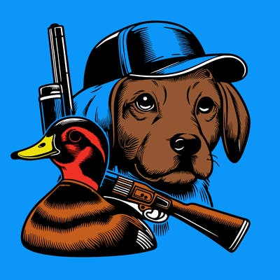 realistic dog with a duck on its head and a gun