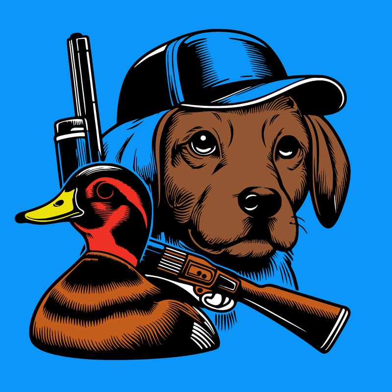 realistic dog with a duck on its head and a gun