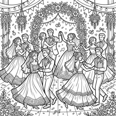 Immerse yourself in the joyful rhythm of a wedding square dance with this delightful coloring page. Featuring elegantly dressed couples amidst festive floral decor, it's a perfect blend of romance and folk tradition.