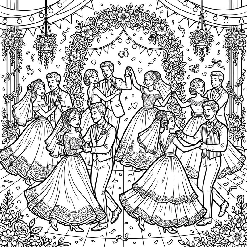 Immerse yourself in the joyful rhythm of a wedding square dance with this delightful coloring page. Featuring elegantly dressed couples amidst festive floral decor, it's a perfect blend of romance and folk tradition.