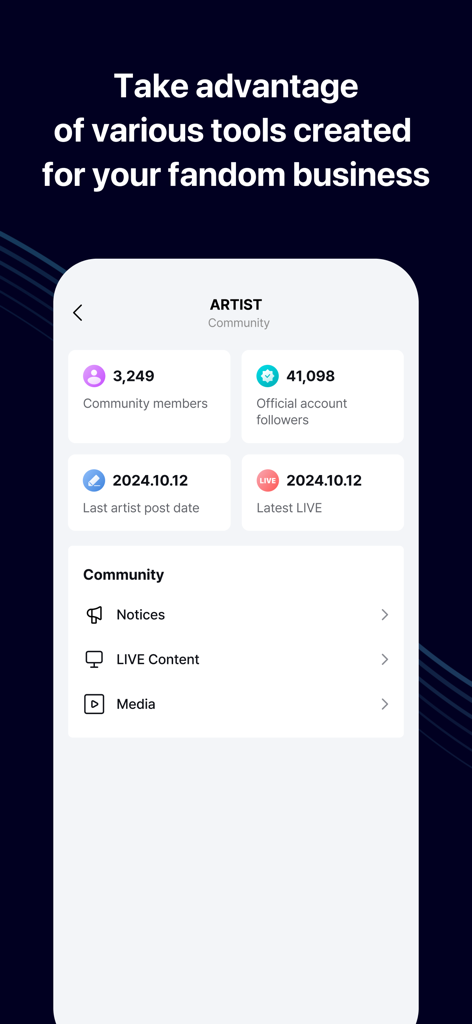 The Weverse Backstage mobile app interface showing a dashboard with artist community metrics and content management tools.